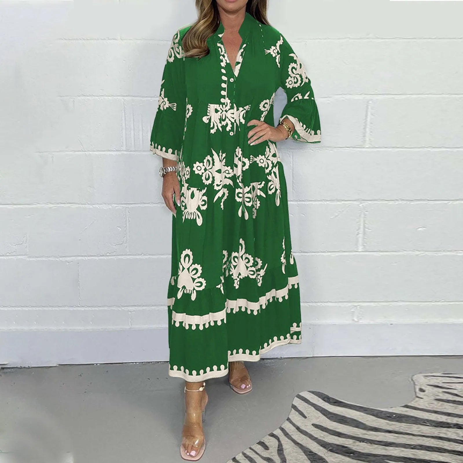 Casual Long Dresses Womens Summer Retro V Neck Print Long Sleeve Dresses Elegant High Quality Party Formal Vestidos Women