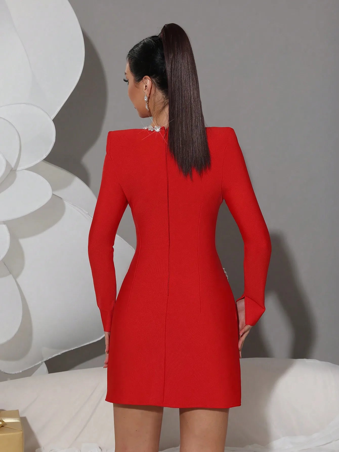 Red Rhinestone-Embellished Long Sleeve Bodycon Mini Dress for Evening Events