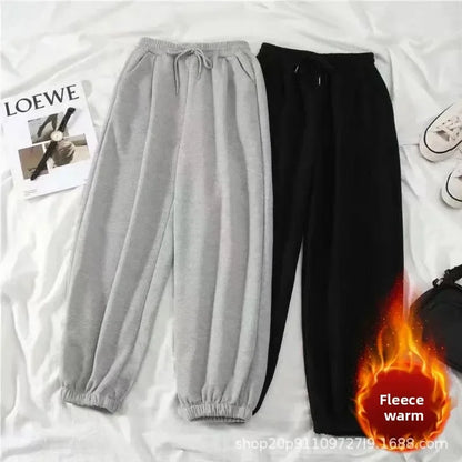 Thickened Fleece Black Sports Pants Pure Color Casual Trousers Autumn Winter New Style Slimming Harlan Pants for Women