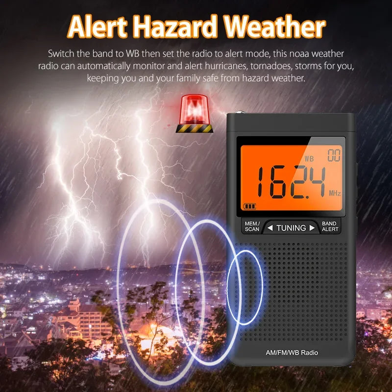 Portable Weather Radio FM AM NOAA Emergency Pocket Radio With Weather Warning Alarm Clock Auto-Search Channels Mini Hand Radio