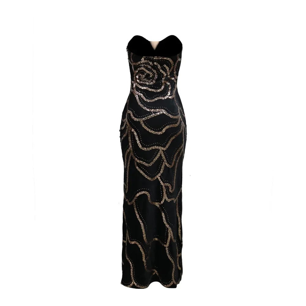 2024 Fall Floral Sequined Strapless Women Sleeveless Long Dress Sexy Birthday Party Evening Prom Maxi Dresses Vestidos