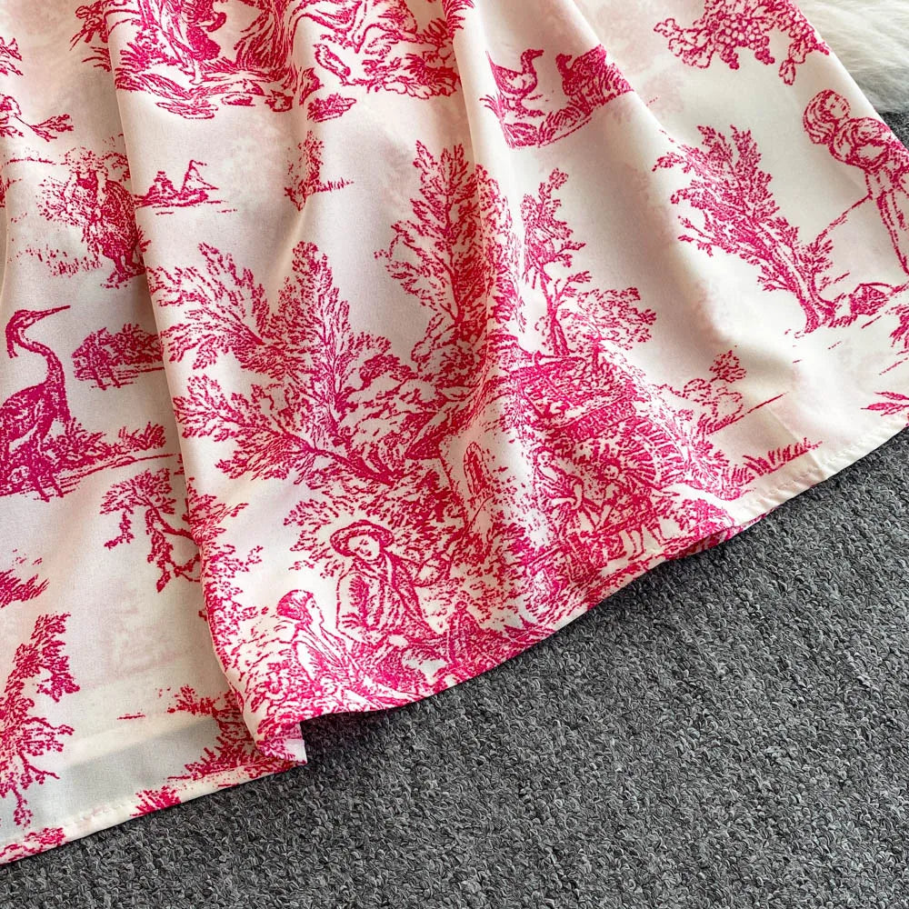 2025 New Summer Pink/Purple Flower Print Romantic Retro Party Dress Elastic High Waist Vacation Long Dress Beach Vestido