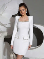 Red Rhinestone-Embellished Long Sleeve Bodycon Mini Dress for Evening Events