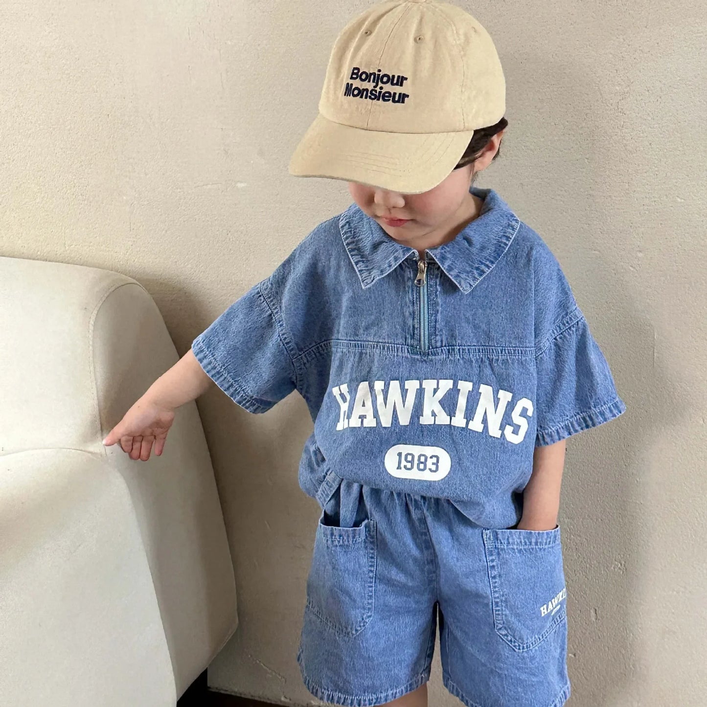5816C Children's Clothing Set Denim Suit Summer Casual Boy's Denim Suit Letter Print Top+ Shorts Casual Two-piece Suit