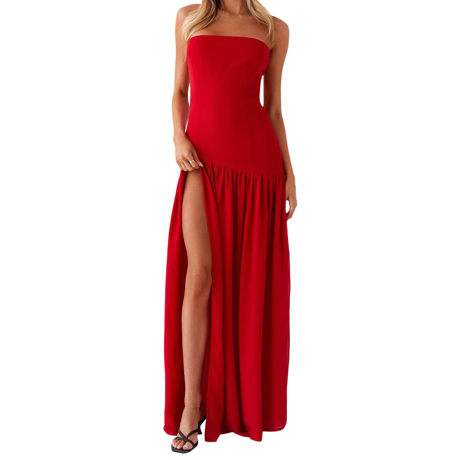 Elegant Off-Shoulder Maxi Dress with Side Slit Women s Solid Color Tube Dress for Summer Cocktail Party