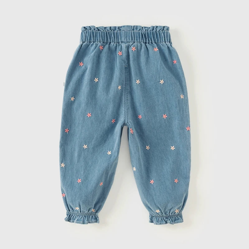 Dave Bella Girl's Embroidery Jeans Denim Pants Elastic Flower Band Spring Autumn Trousers Children's Casual Jeans DB3242342