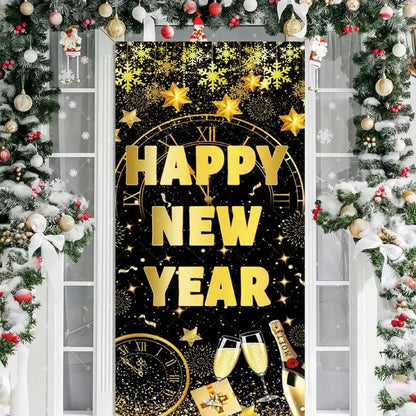 Black Gold 2026 Happy New Year Theme Party Door Decor Backdrop New Year Clock Gift Champagne Party Cake Table Porch Decor Banner