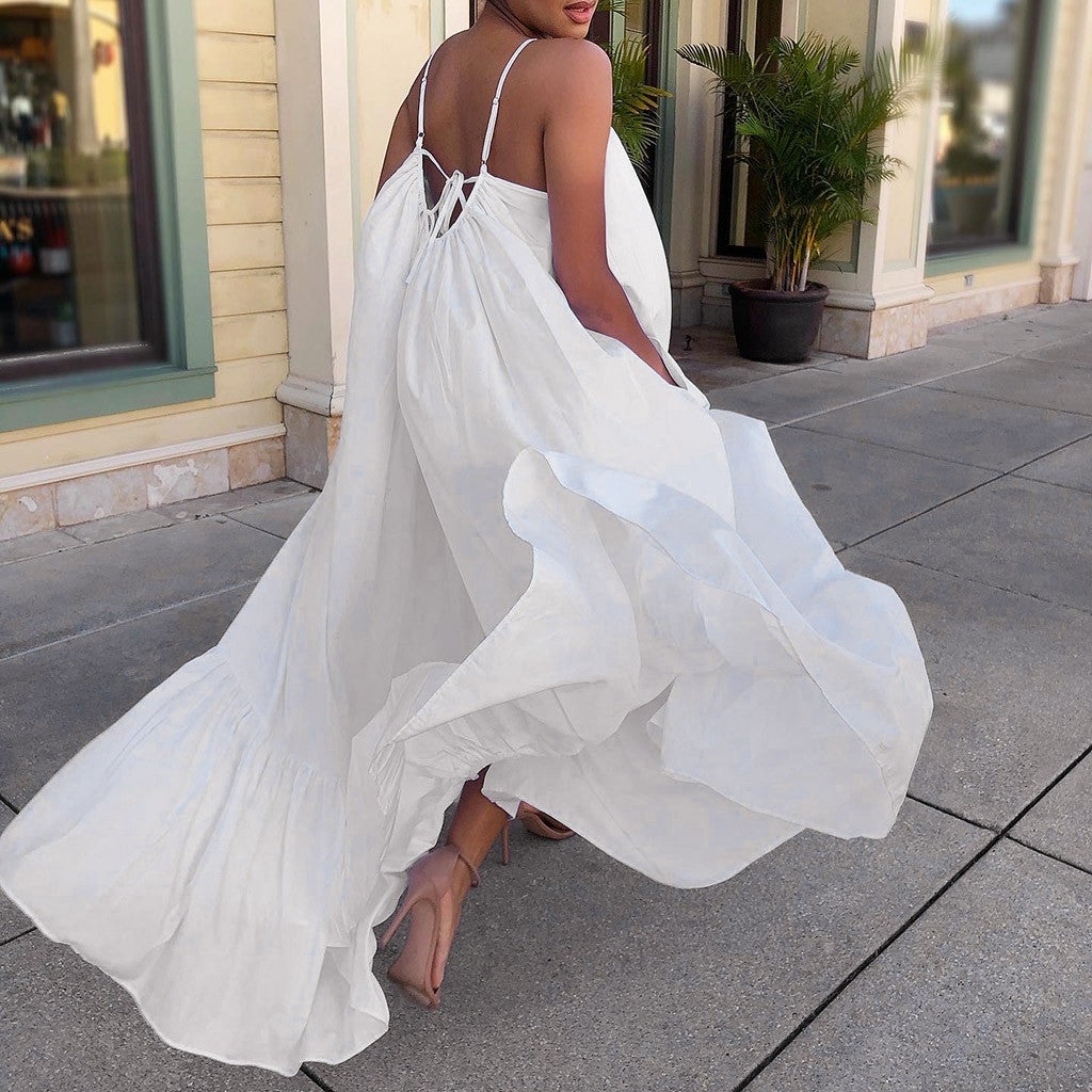 Spring Dress For Women Sexy Solid Strap Dress Pocket Loose Backless Big Swing Dresses Holiday Dresses For Women Wedding Guest