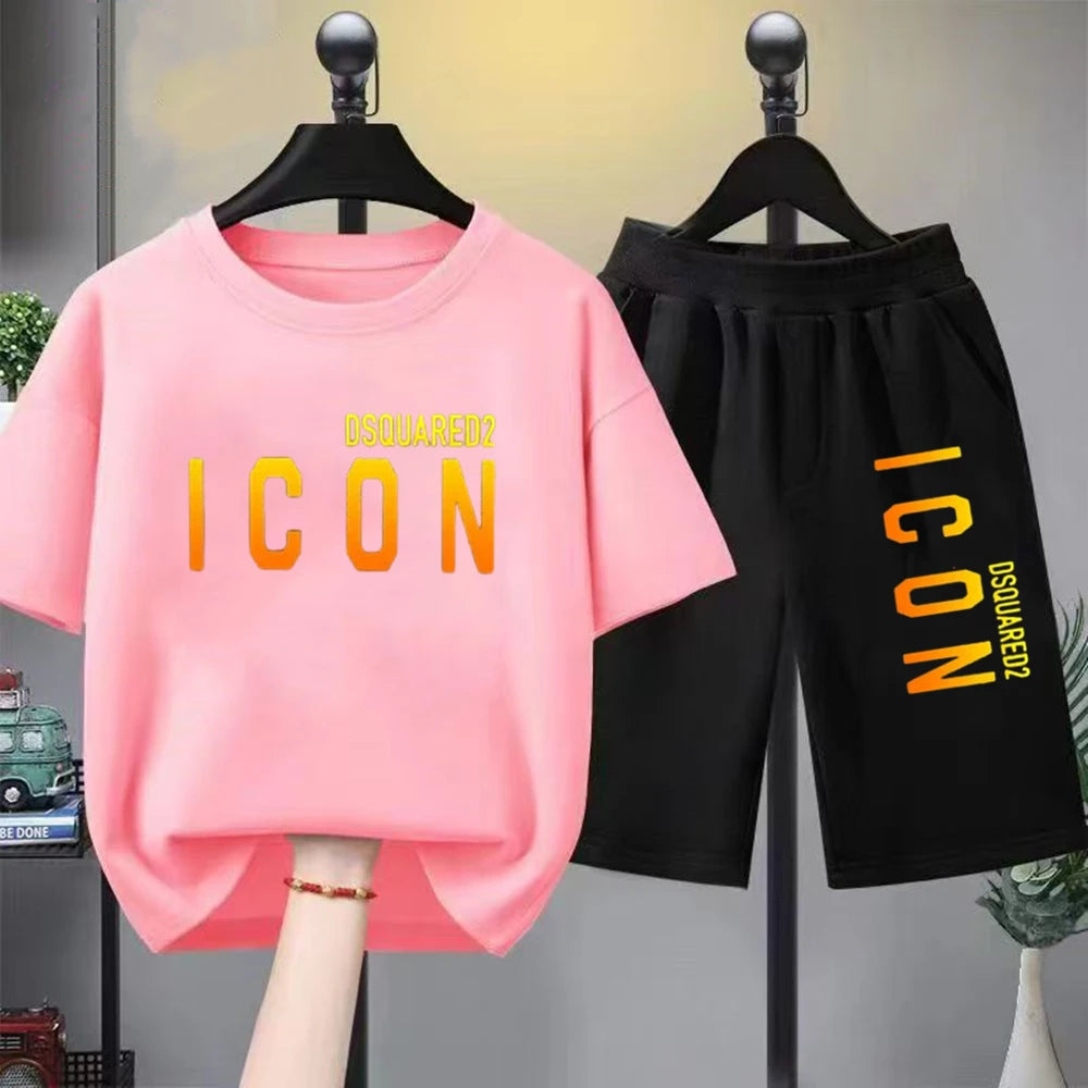Brand letter printing Kids T-shirt Set Boys Girls 3-12yrs Short-sleeved+shorts 2Pcs Round Neck Sports Casual summer Clothes
