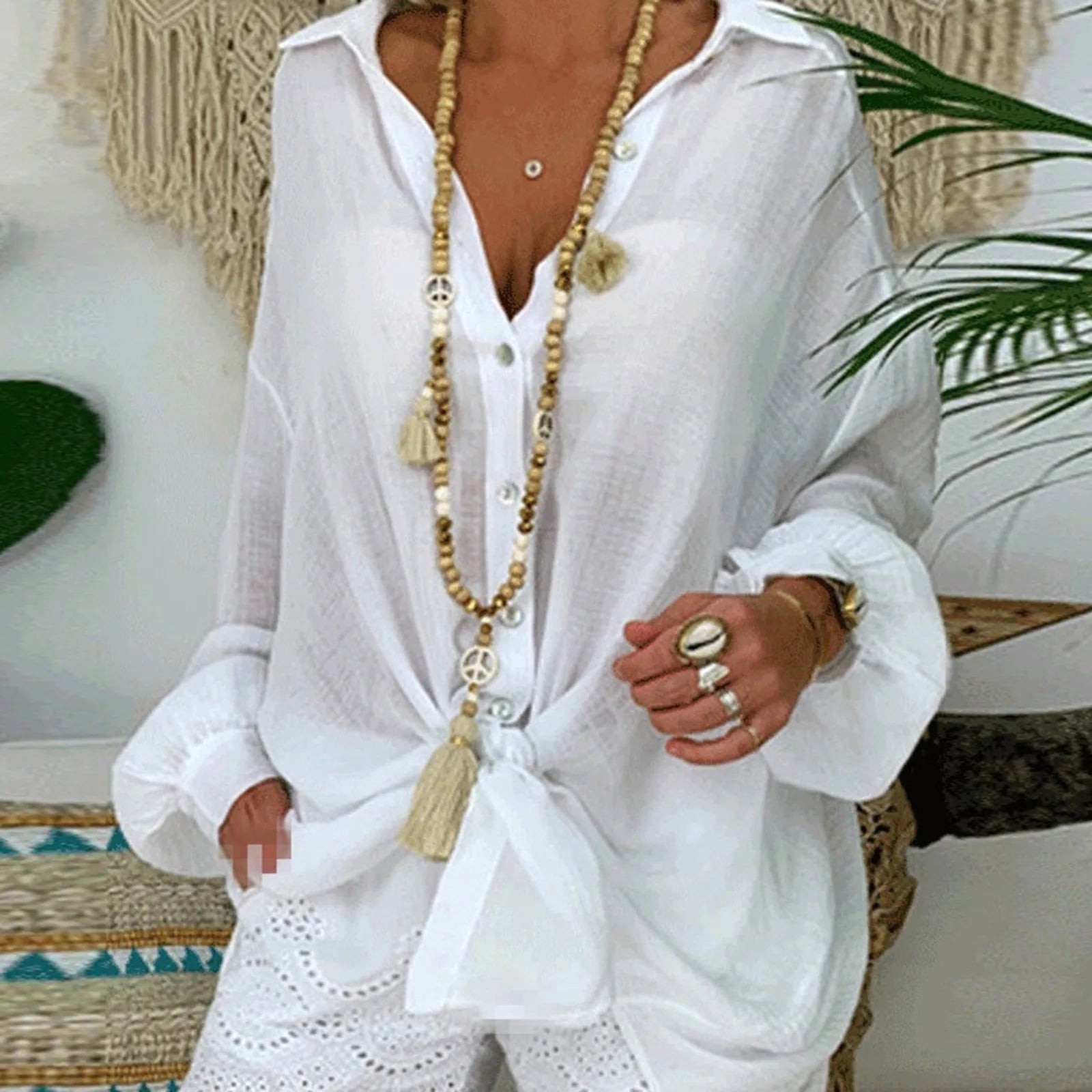 Loose Linen Shirts for Women Solid Color Cotton Linen Bohomian Style Long Sleeve Loose Casual Blouse Lapel Neck Large Size Shirt