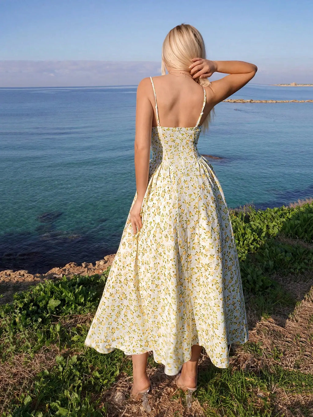 Sweetina Spring And Summer Graduation Yellow Vacation Casual Ditsy Floral Spaghetti Strap Flowy Sundress Dress,Easter