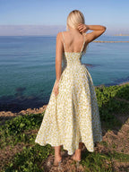Sweetina Spring And Summer Graduation Yellow Vacation Casual Ditsy Floral Spaghetti Strap Flowy Sundress Dress,Easter