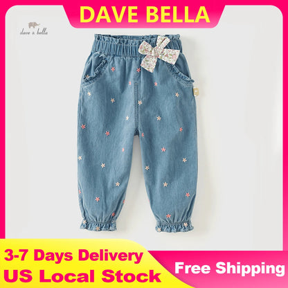 Dave Bella Girl's Embroidery Jeans Denim Pants Elastic Flower Band Spring Autumn Trousers Children's Casual Jeans DB3242342