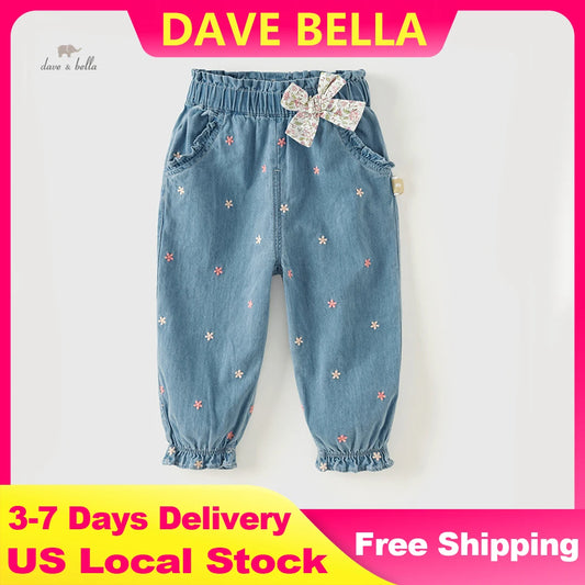 Dave Bella Girl's Embroidery Jeans Denim Pants Elastic Flower Band Spring Autumn Trousers Children's Casual Jeans DB3242342