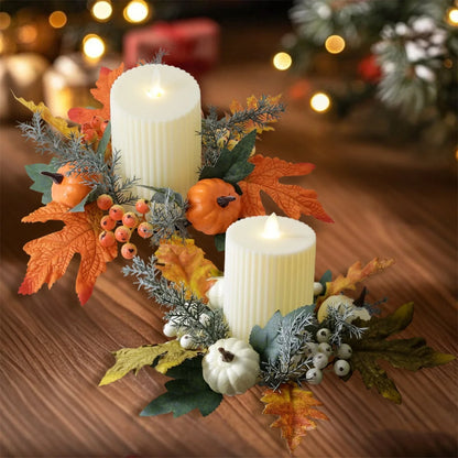 Fall Harvest Pumpkin Maple Leaf Candle Ring Wreath for Thanksgiving Farmhouse Table Centerpiece Decorations and Festival Display