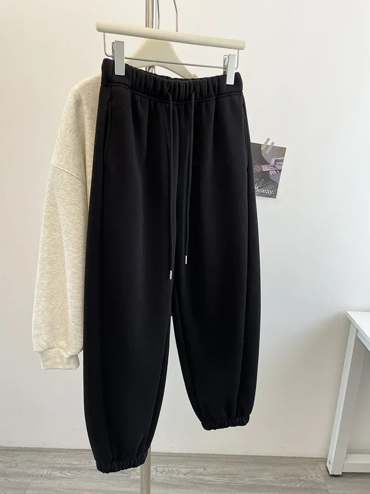 High Waist Thickened Lamb Velvet Drawstring Sweatpants Women Loose Casual Sports Warm Long Trousers Commute Style Cotton