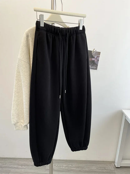 High Waist Thickened Lamb Velvet Drawstring Sweatpants Women Loose Casual Sports Warm Long Trousers Commute Style Cotton