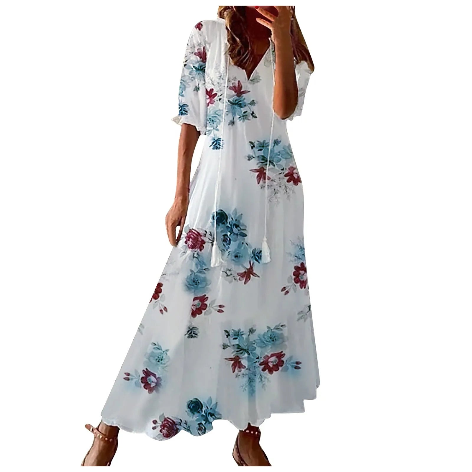Women Dresses Casual Loose Comfortable Plus Size Dress With Tassels Bohemian Printed V Neck Long Length Woman Vestidosct