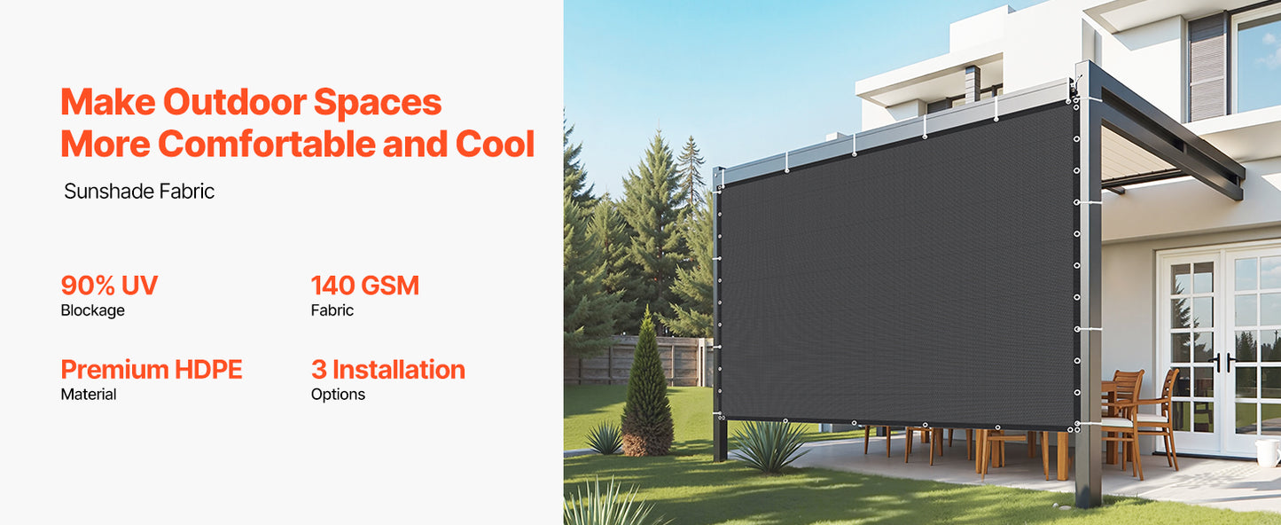 VEVOR 90% Sun Shade Cloth 10x10/12/20ft Pergola Shade Cover 140 GSM HDPE Canopy Privacy Screen for Outdoor Patio Garden Backyard