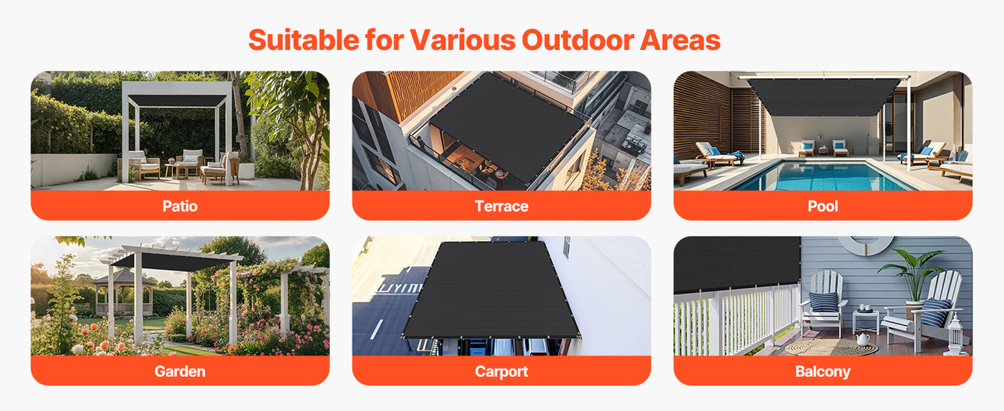 VEVOR 90% Sun Shade Cloth 10x10/12/20ft Pergola Shade Cover 140 GSM HDPE Canopy Privacy Screen for Outdoor Patio Garden Backyard